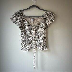 Japna Floral Ruched Peasant Top Small Beige Black Puff Sleeve Boho Cottagecore